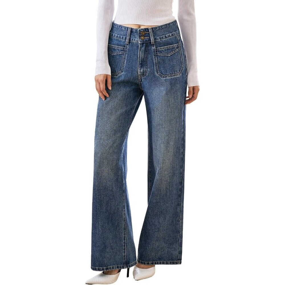 Women’s High Waisted Baggy Jeans Cotton Blend Size 16 Short Wide Leg